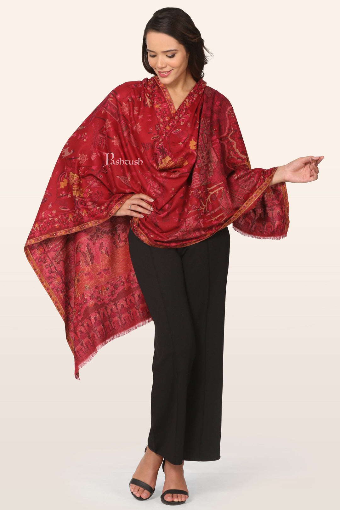 Pashtush India womens scarf and Stoles Pashtush Womens Faux Pashmina Stole, Woven Monument design, Crimson