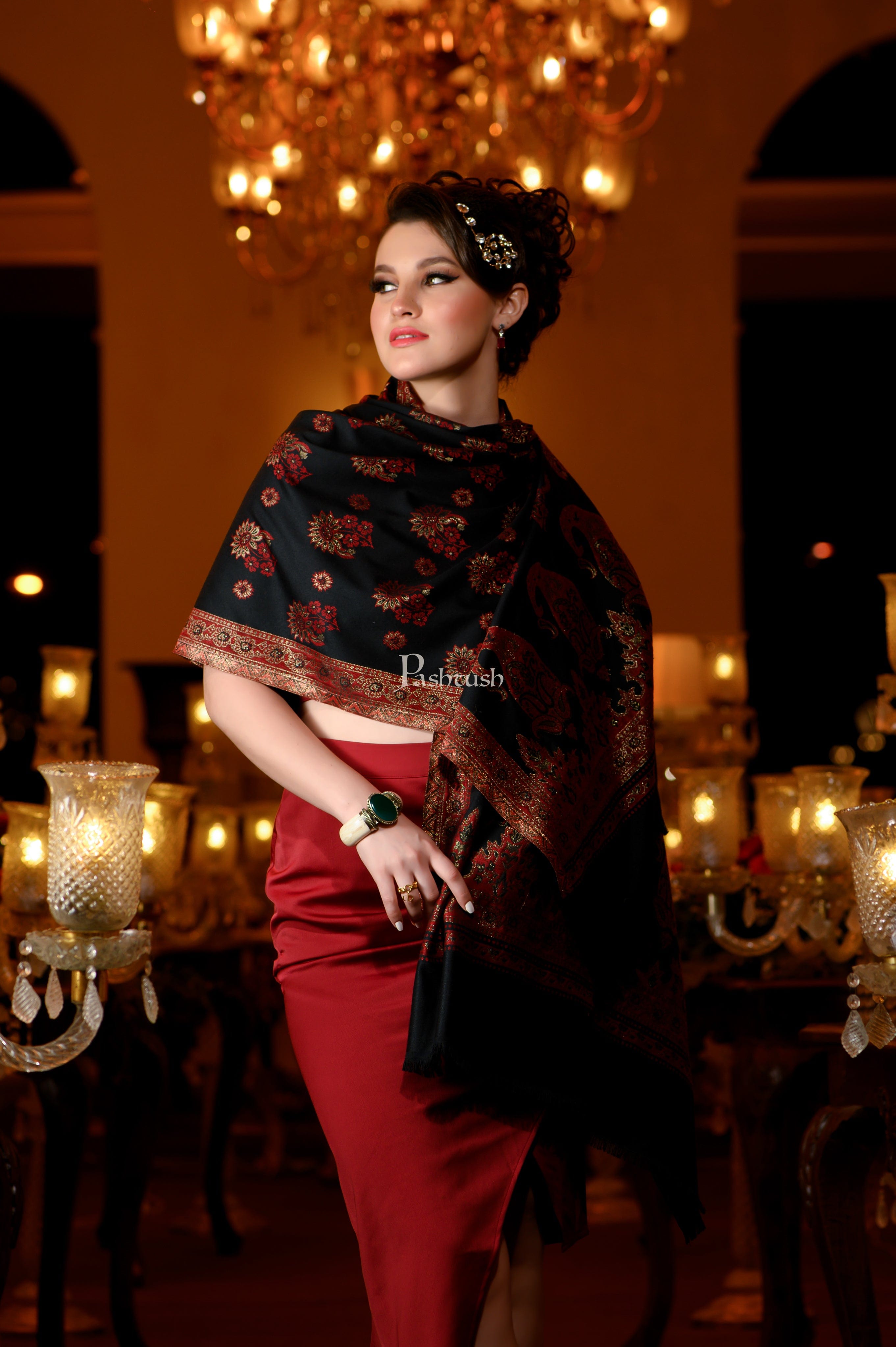 Pashtush Womens faux pashmina shawl, ethnic weave design, multi