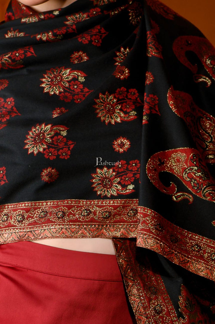 Pashtush India Womens Stoles and Scarves Scarf Pashtush Womens Faux Pashmina Stole, Zari Paisley Weave Design, Black