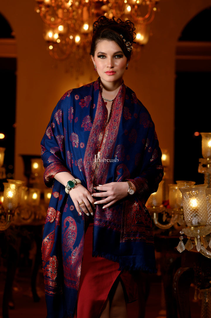 Pashtush India Womens Stoles and Scarves Scarf Pashtush Womens Faux Pashmina Stole, Zari Paisley Weave Design, Blue
