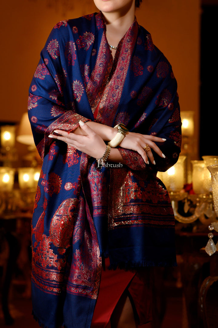 Pashtush India Womens Stoles and Scarves Scarf Pashtush Womens Faux Pashmina Stole, Zari Paisley Weave Design, Blue