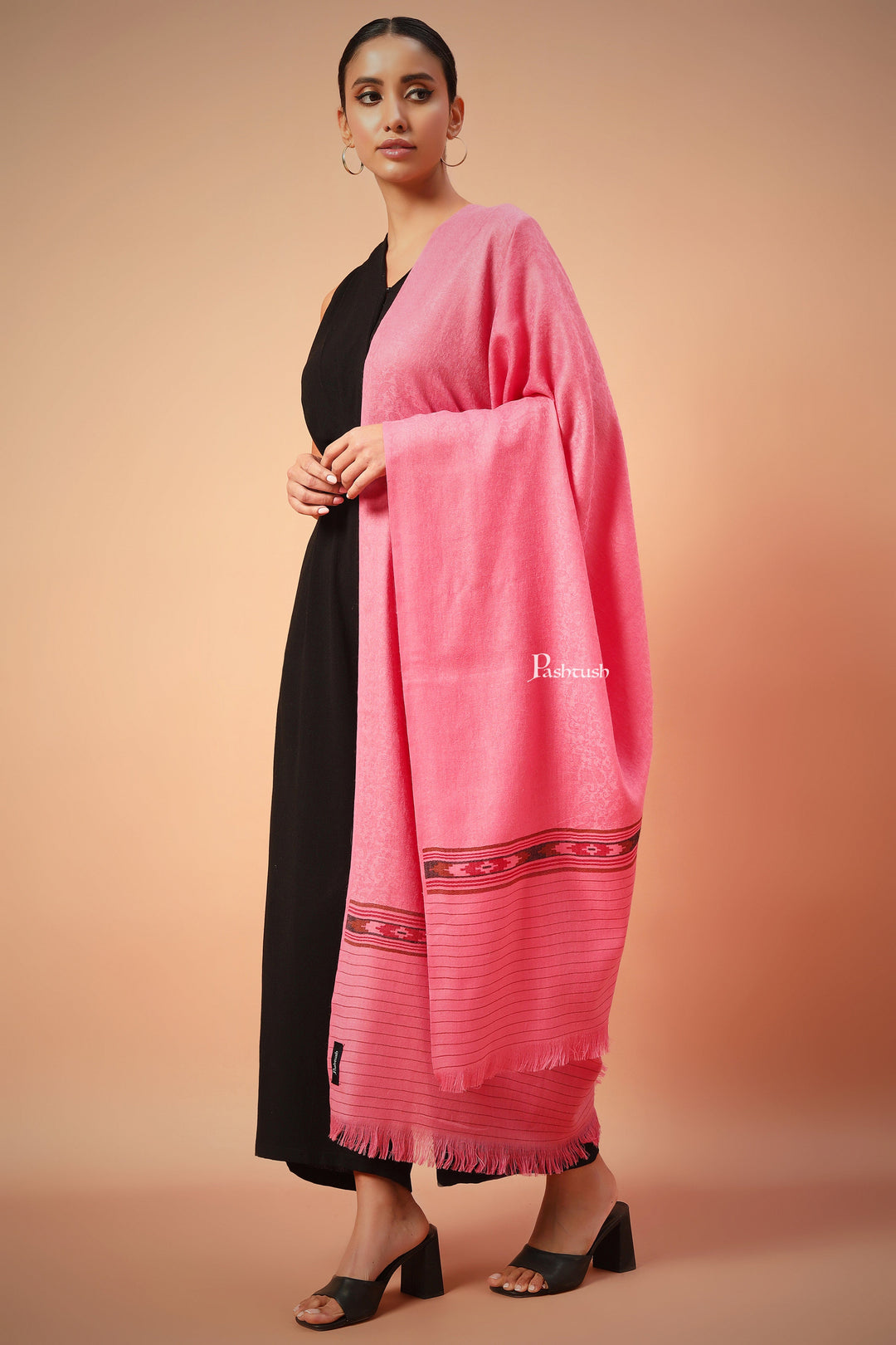 Pashtush India Womens Shawls Pashtush Womens Fine Wool Aztec Weave Shawl, Soft And Warm, Pink