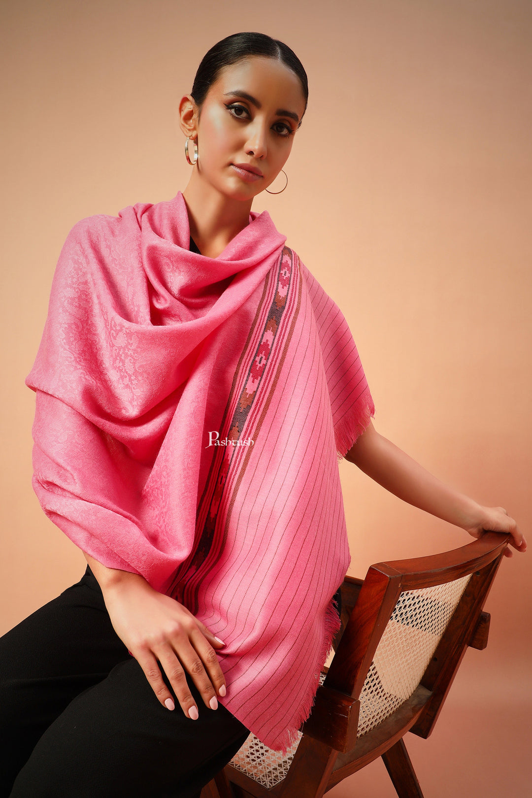 Pashtush India Womens Shawls Pashtush Womens Fine Wool Aztec Weave Shawl, Soft And Warm, Pink