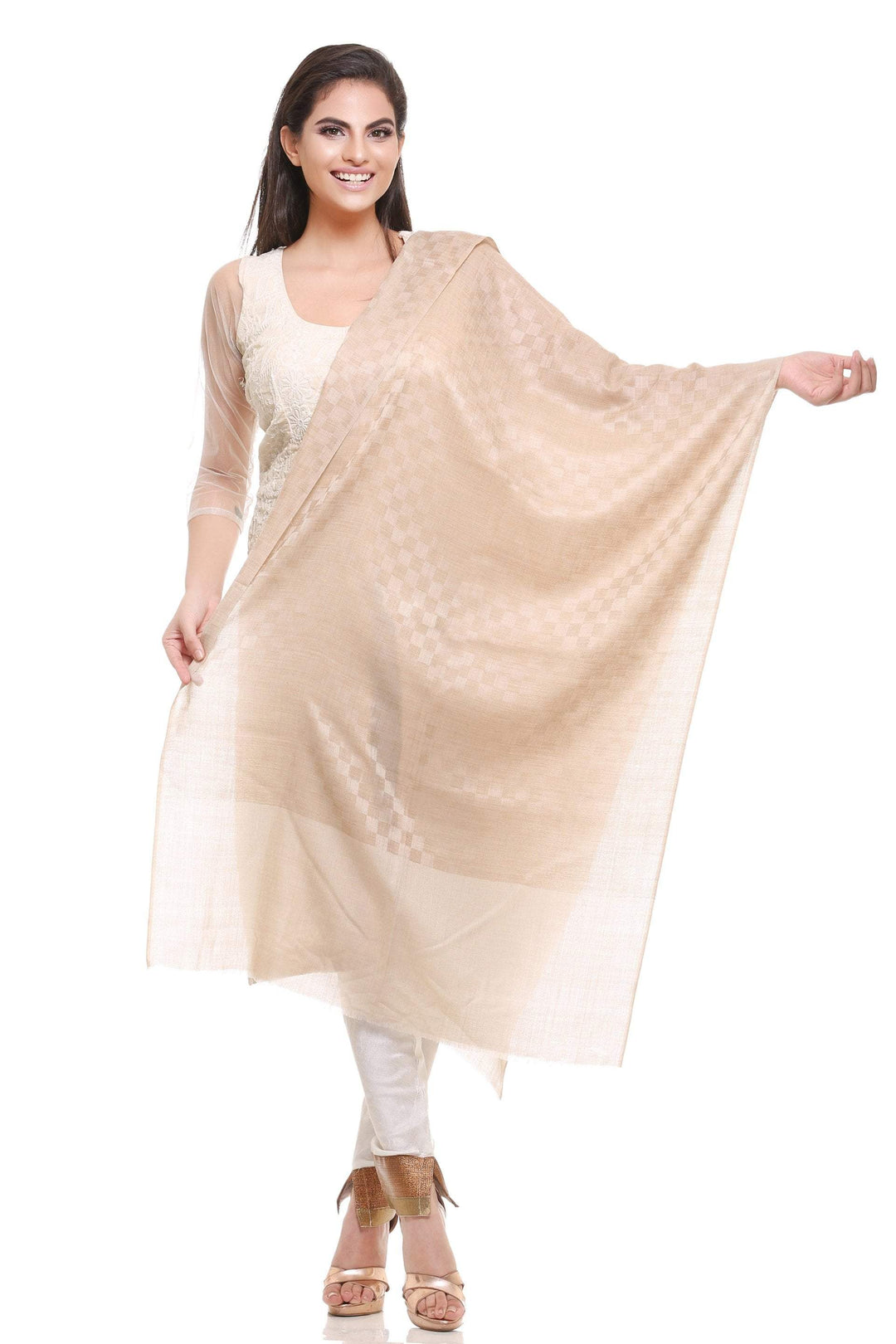 Pashtush India Gift Pack Pashtush Womens, Fine Wool, Checkered Stole, Beige