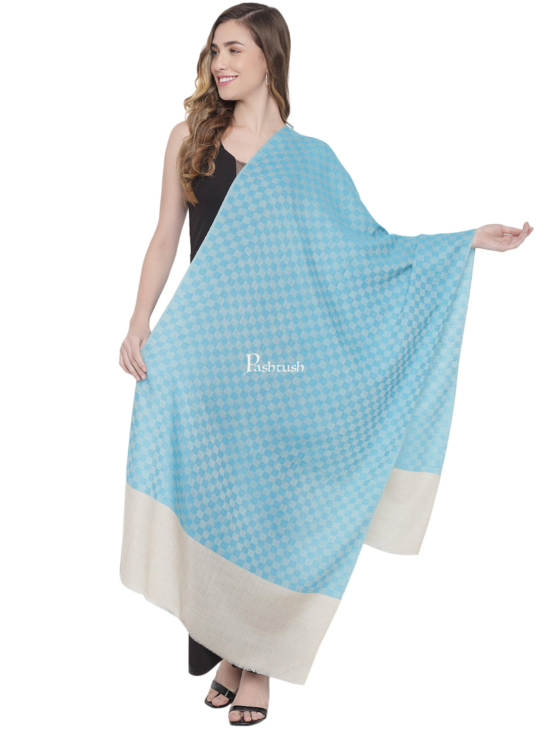 Pashtush India Womens Stoles and Scarves Scarf Pashtush Womens, Fine Wool, Checkered Stole, Blue