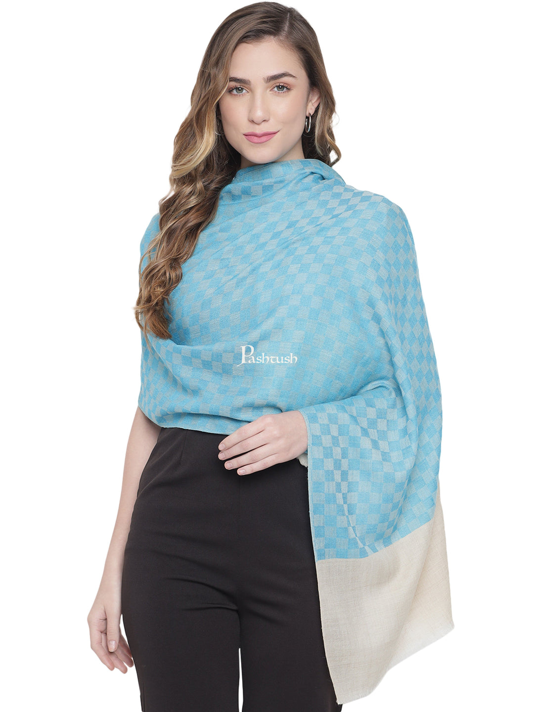 Pashtush India Womens Stoles and Scarves Scarf Pashtush Womens, Fine Wool, Checkered Stole, Blue