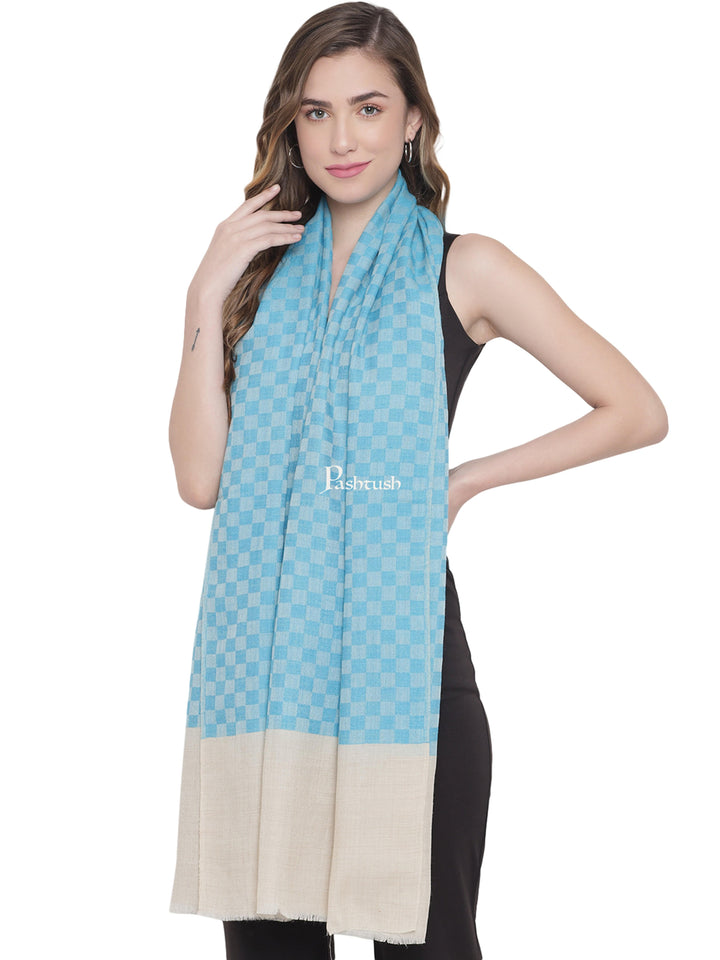 Pashtush India Womens Stoles and Scarves Scarf Pashtush Womens, Fine Wool, Checkered Stole, Blue