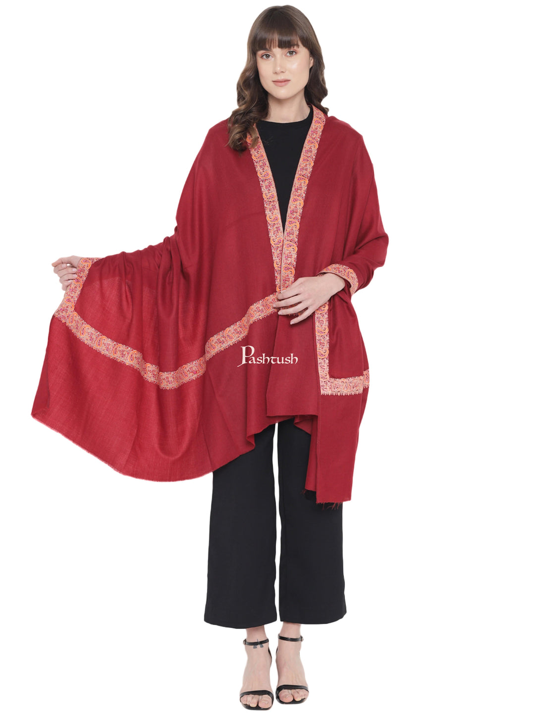 Pashtush India Womens Shawls Pashtush Womens Fine Wool Embroidery Shawl, Papier Mache Border, Neem daur, Maroon