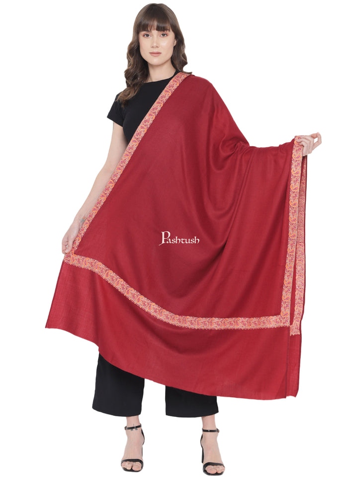 Pashtush India Womens Shawls Pashtush Womens Fine Wool Embroidery Shawl, Papier Mache Border, Neem daur, Maroon