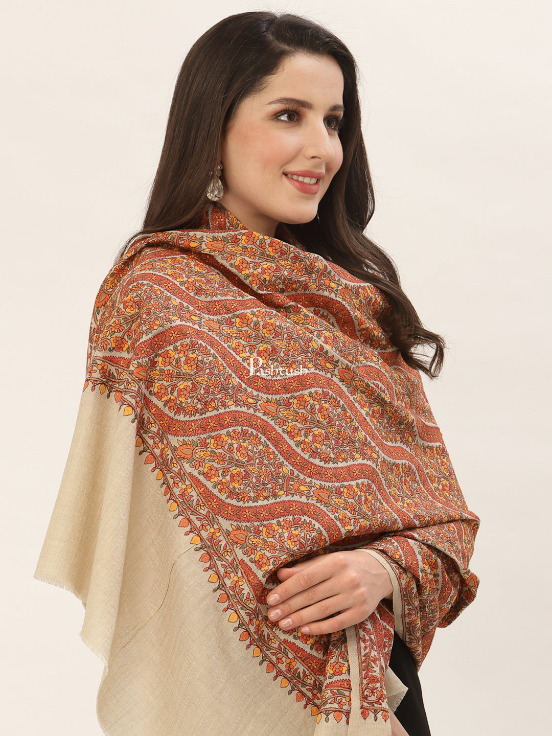 Pashtush India Womens Shawls Pashtush Womens Fine Wool Sangeen Embroidery Jaal Design, soft and warm