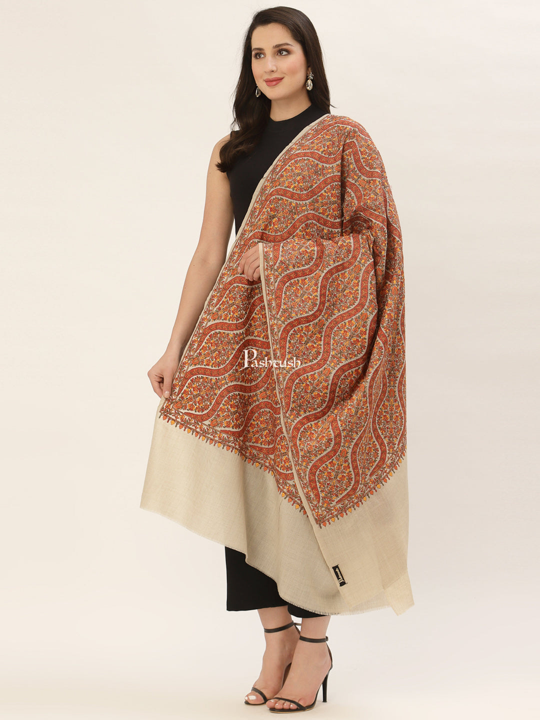 Pashtush India Womens Shawls Pashtush Womens Fine Wool Sangeen Embroidery Jaal Design, soft and warm