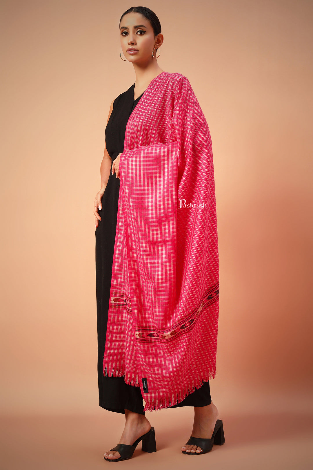 Pashtush India Womens Shawls Pashtush Womens Fine Wool Shawl, Aztec Weave, Woven Design, Fuschia