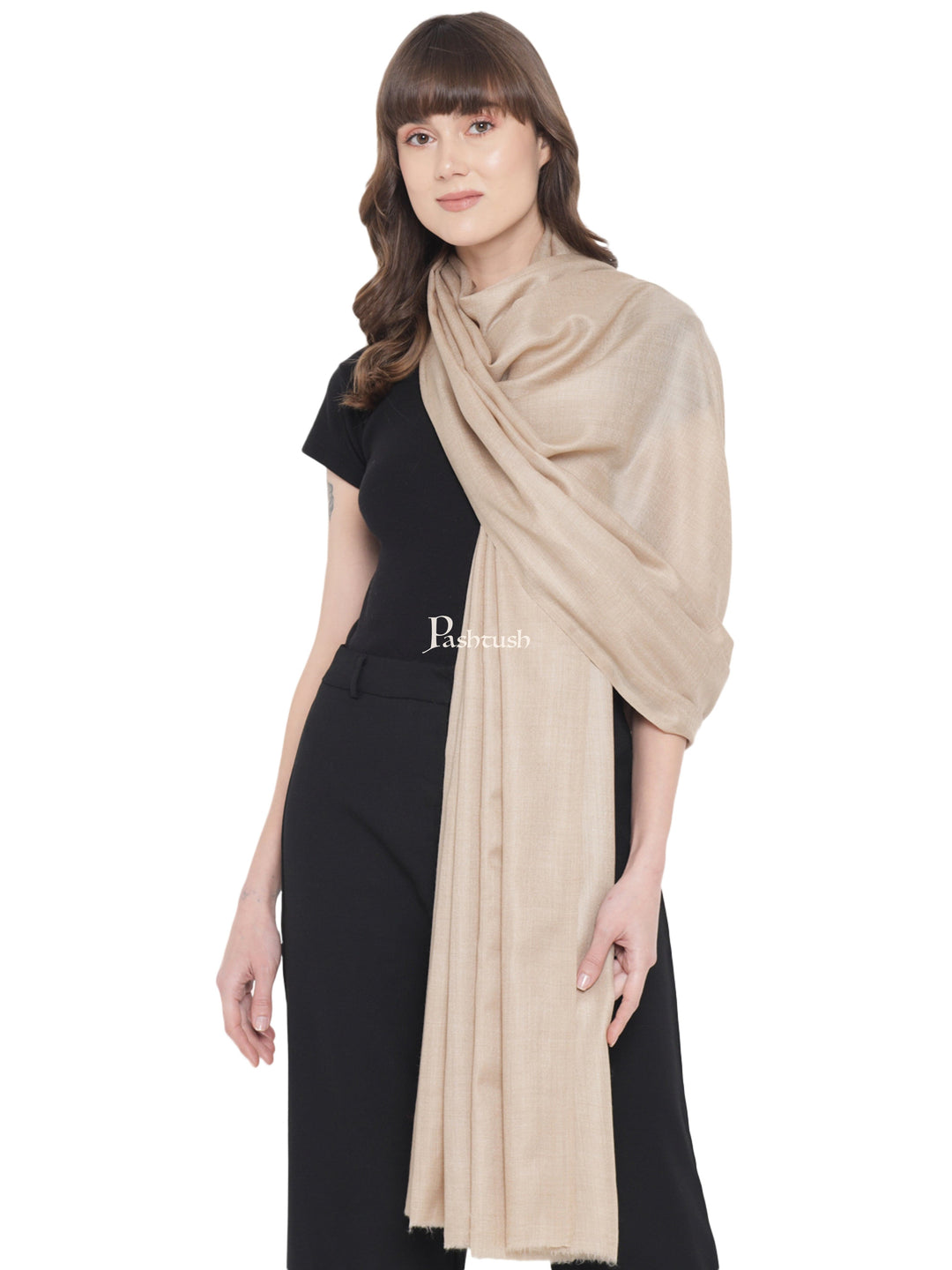 Pashtush India Womens Shawls Pashtush Womens Fine Wool Shawl, Basics, Extra Soft Warm Light Weight, Solid Beige