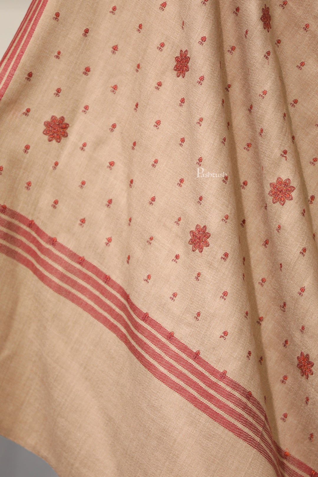 Pashtush India Womens Shawls Pashtush Womens Fine Wool Shawl, Booti Embroidery Design, Beige