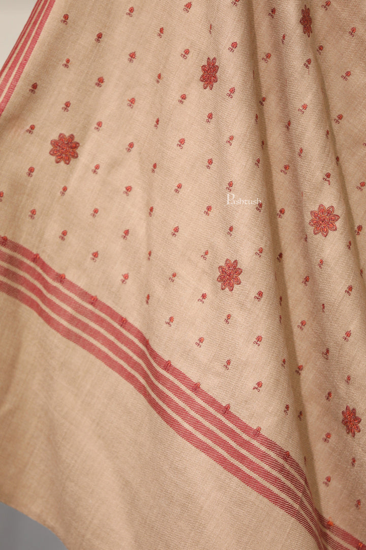 Pashtush India Womens Shawls Pashtush Womens Fine Wool Shawl, Booti Embroidery Design, Beige