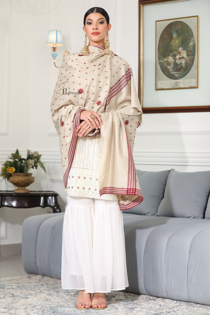 Pashtush India Womens Shawls Pashtush Womens Fine Wool Shawl, Booti Embroidery Design, Beige