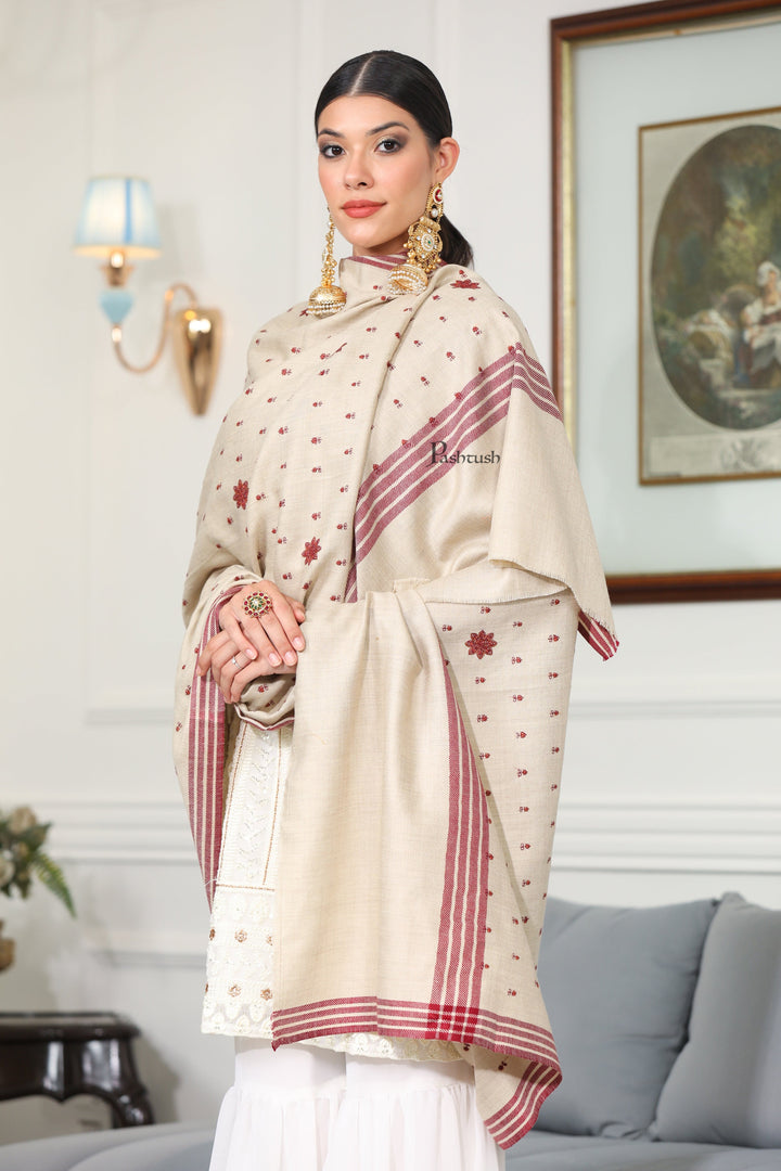 Pashtush India Womens Shawls Pashtush Womens Fine Wool Shawl, Booti Embroidery Design, Beige