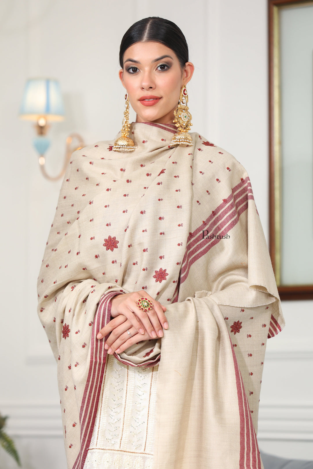 Pashtush India Womens Shawls Pashtush Womens Fine Wool Shawl, Booti Embroidery Design, Beige