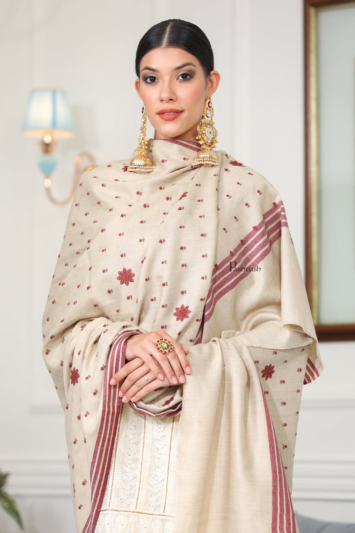 Pashtush India Womens Shawls Pashtush Womens Fine Wool Shawl, Booti Embroidery Design, Beige