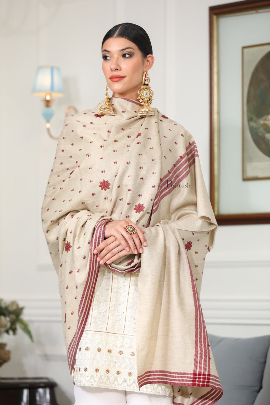 Pashtush India Womens Shawls Pashtush Womens Fine Wool Shawl, Booti Embroidery Design, Beige