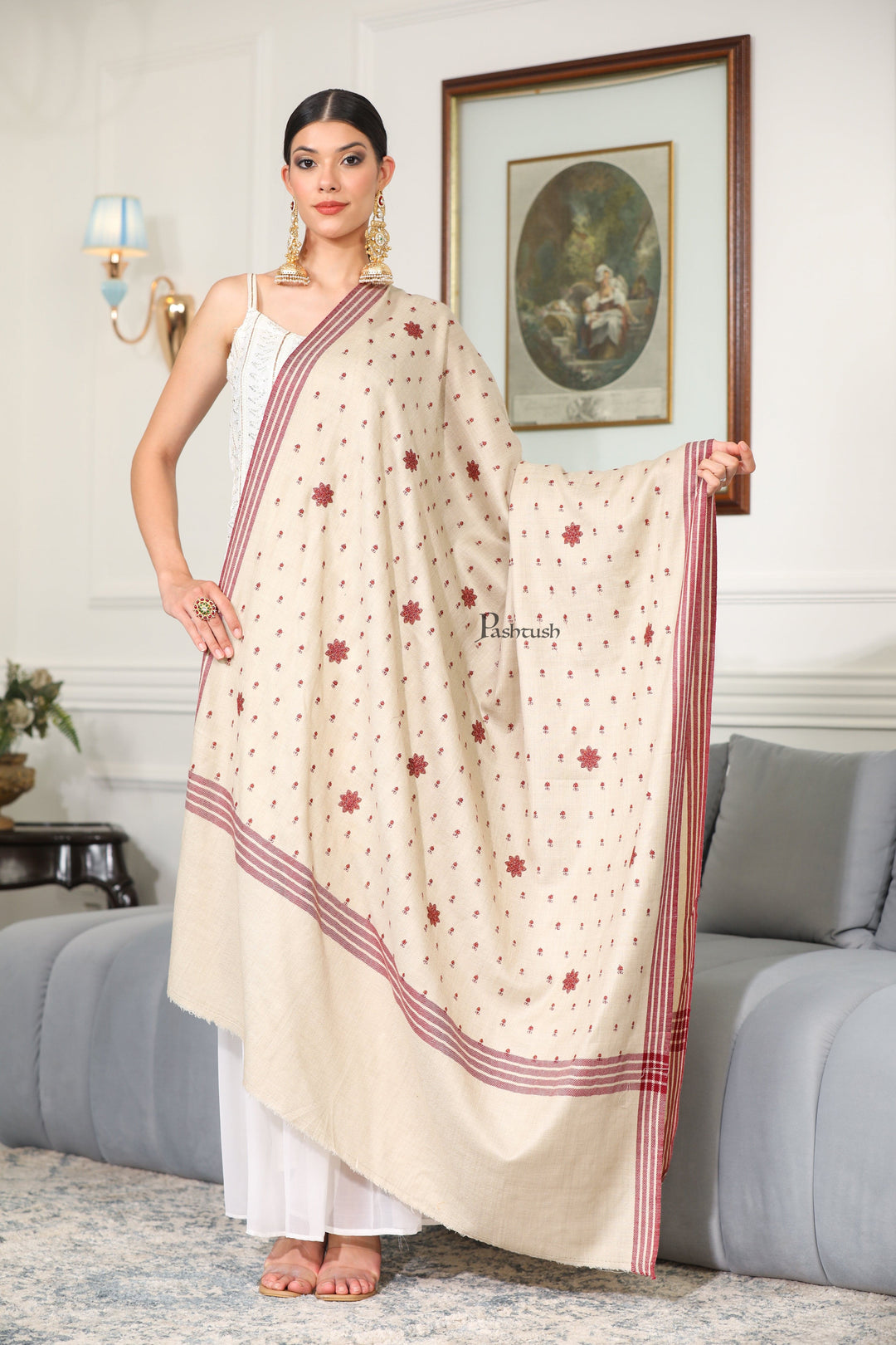 Pashtush India Womens Shawls Pashtush Womens Fine Wool Shawl, Booti Embroidery Design, Beige