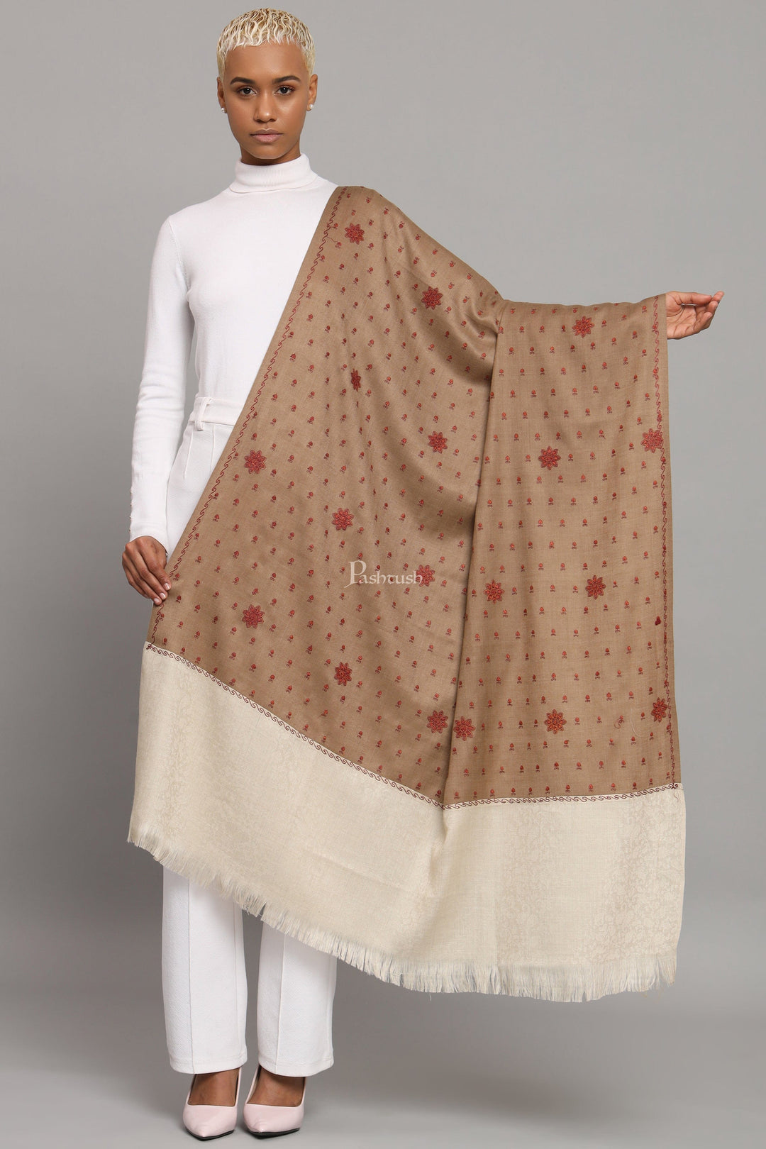 Pashtush India Womens Shawls Pashtush Womens Fine Wool Shawl, Botey Embroidery Stitched Palla Design, Beige