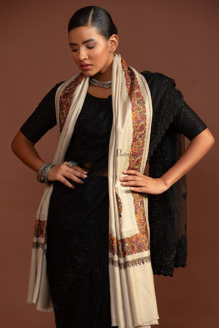 Pashtush India Womens Shawls Pashtush Womens Fine Wool Shawl, Challa Daur With Metallic Detailing Design, Beige