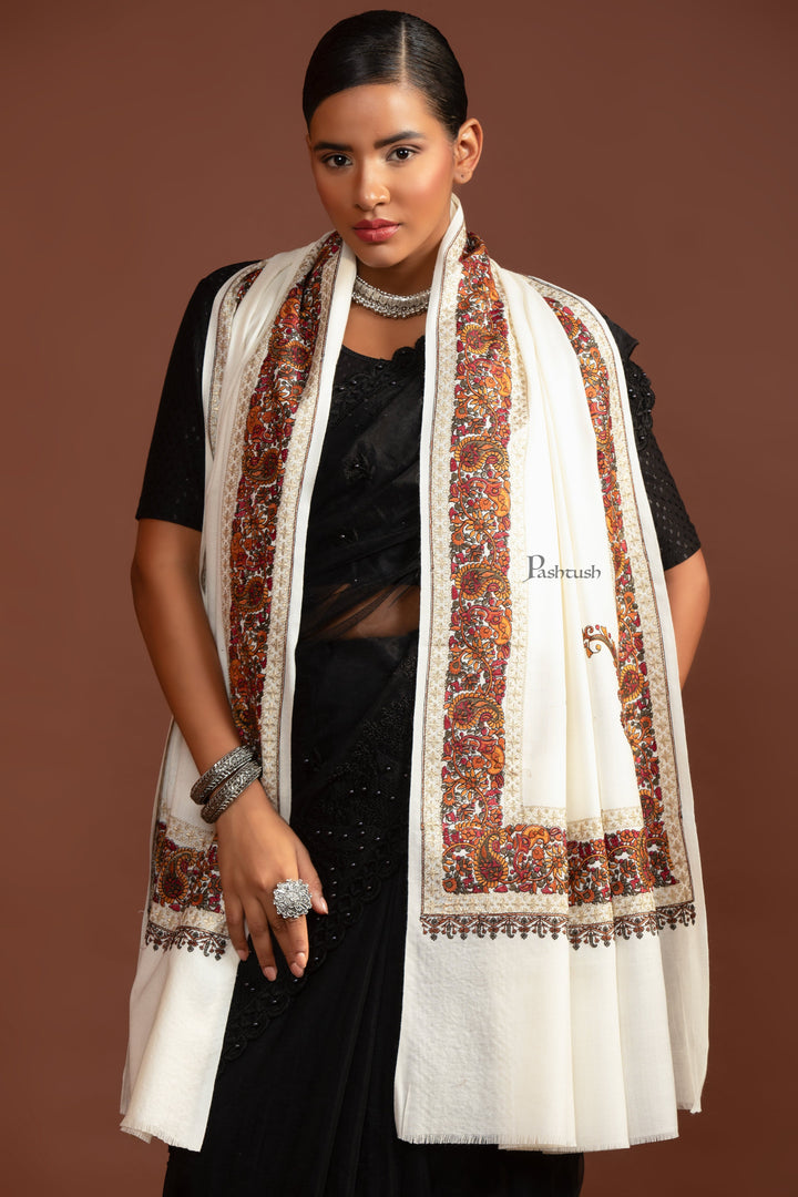 Pashtush India Womens Shawls Pashtush Womens Fine Wool Shawl, Challa Daur With Metallic Detailing Design, Ivory