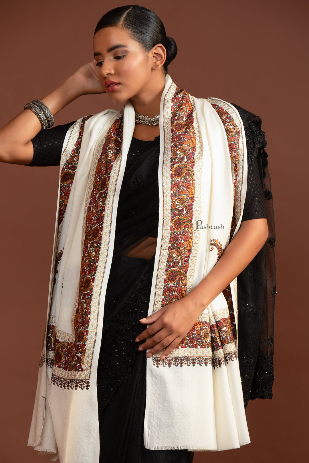 Pashtush India Womens Shawls Pashtush Womens Fine Wool Shawl, Challa Daur With Metallic Detailing Design, Ivory