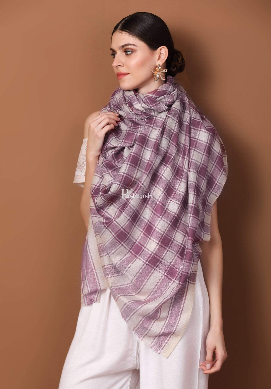 Pashtush India Womens Shawls Pashtush Womens Fine Wool Shawl, Checkered Design, Majenta