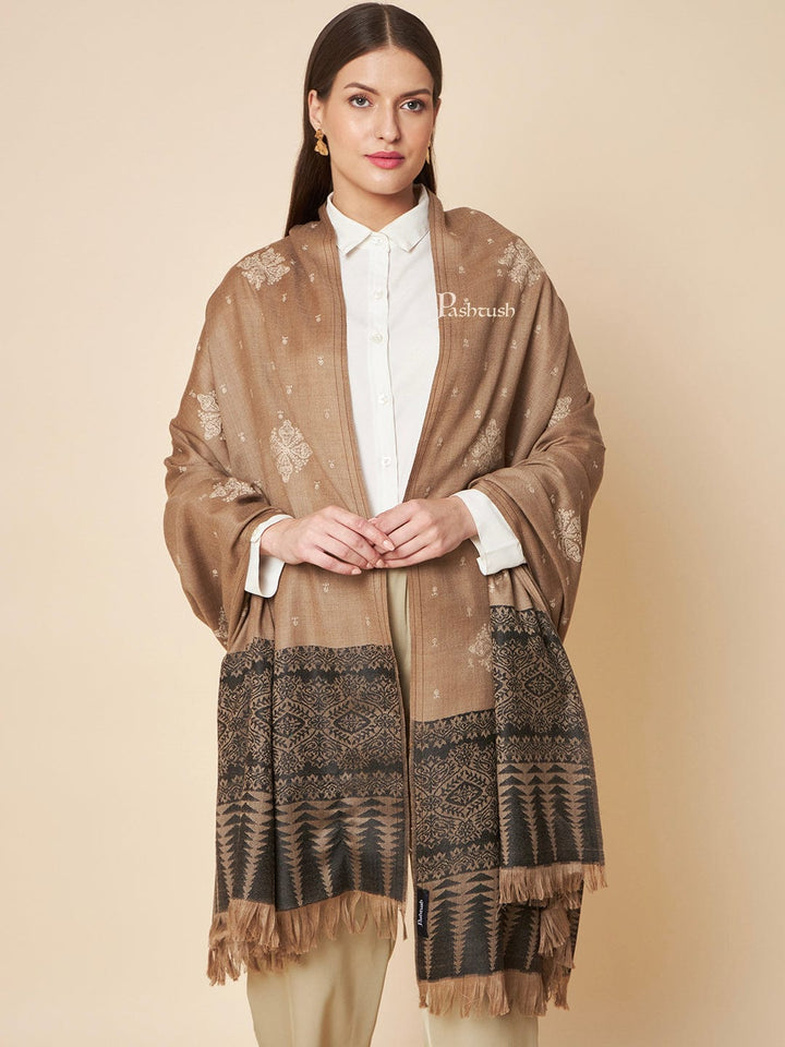 Pashtush India Womens Shawls Pashtush Womens Fine Wool Shawl, Contrast Palla With Tonal Embroidery Design, Blue And Beige