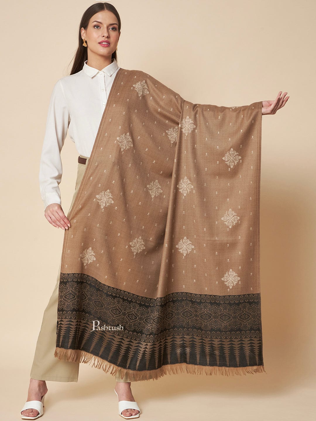 Pashtush India Womens Shawls Pashtush Womens Fine Wool Shawl, Contrast Palla With Tonal Embroidery Design, Blue And Beige