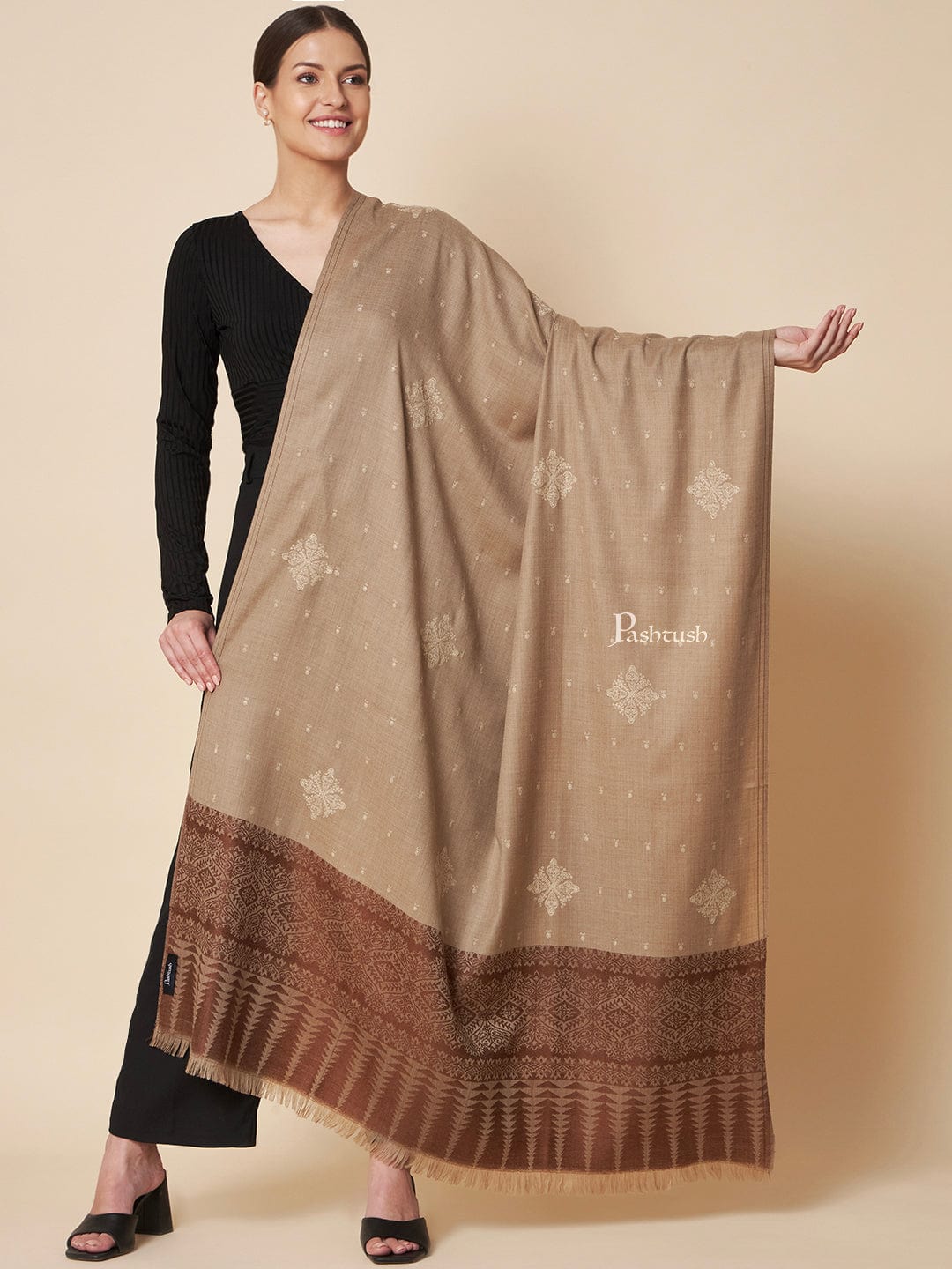 Pashtush India Womens Shawls Pashtush Womens Fine Wool Shawl, Contrast Palla With Tonal Embroidery Design, Taupe