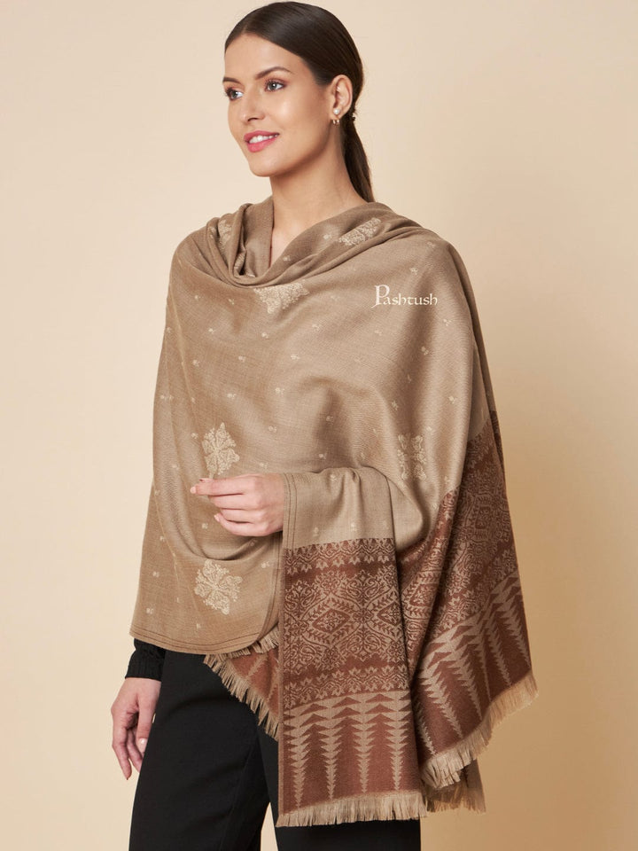 Pashtush India Womens Shawls Pashtush Womens Fine Wool Shawl, Contrast Palla With Tonal Embroidery Design, Taupe