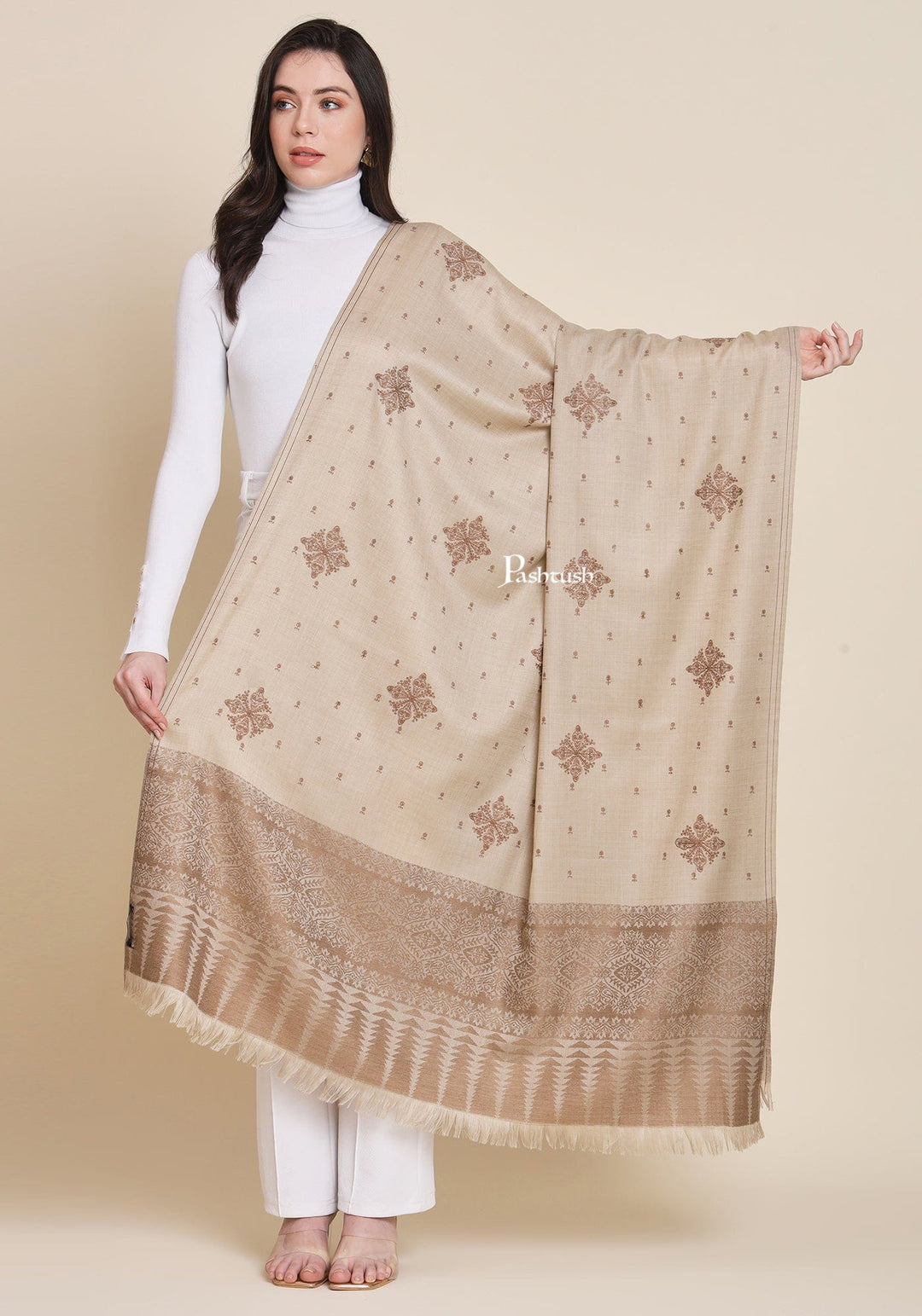 Pashtush India Womens Shawls Pashtush Womens Fine Wool Shawl,  Design, Beige