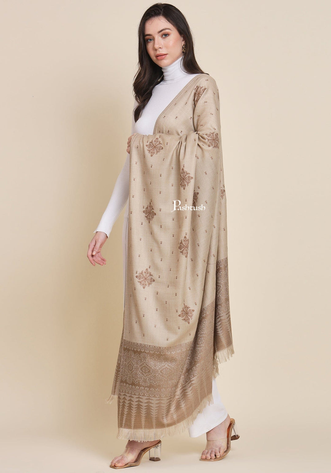 Pashtush India Womens Shawls Pashtush Womens Fine Wool Shawl,  Design, Beige