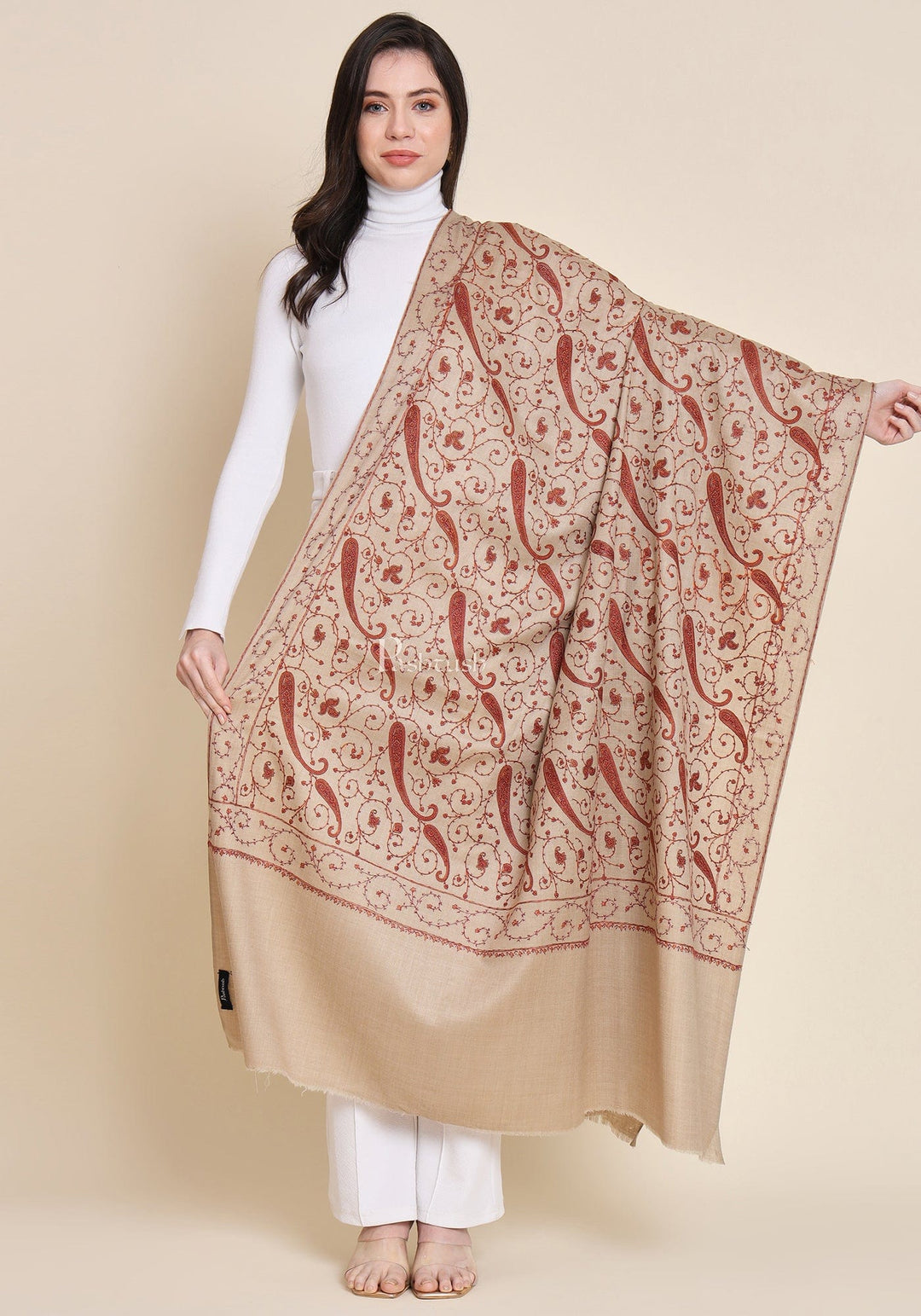 Pashtush India Womens Shawls Pashtush Womens Fine Wool Shawl, Embroidery Jaal Design, Beige