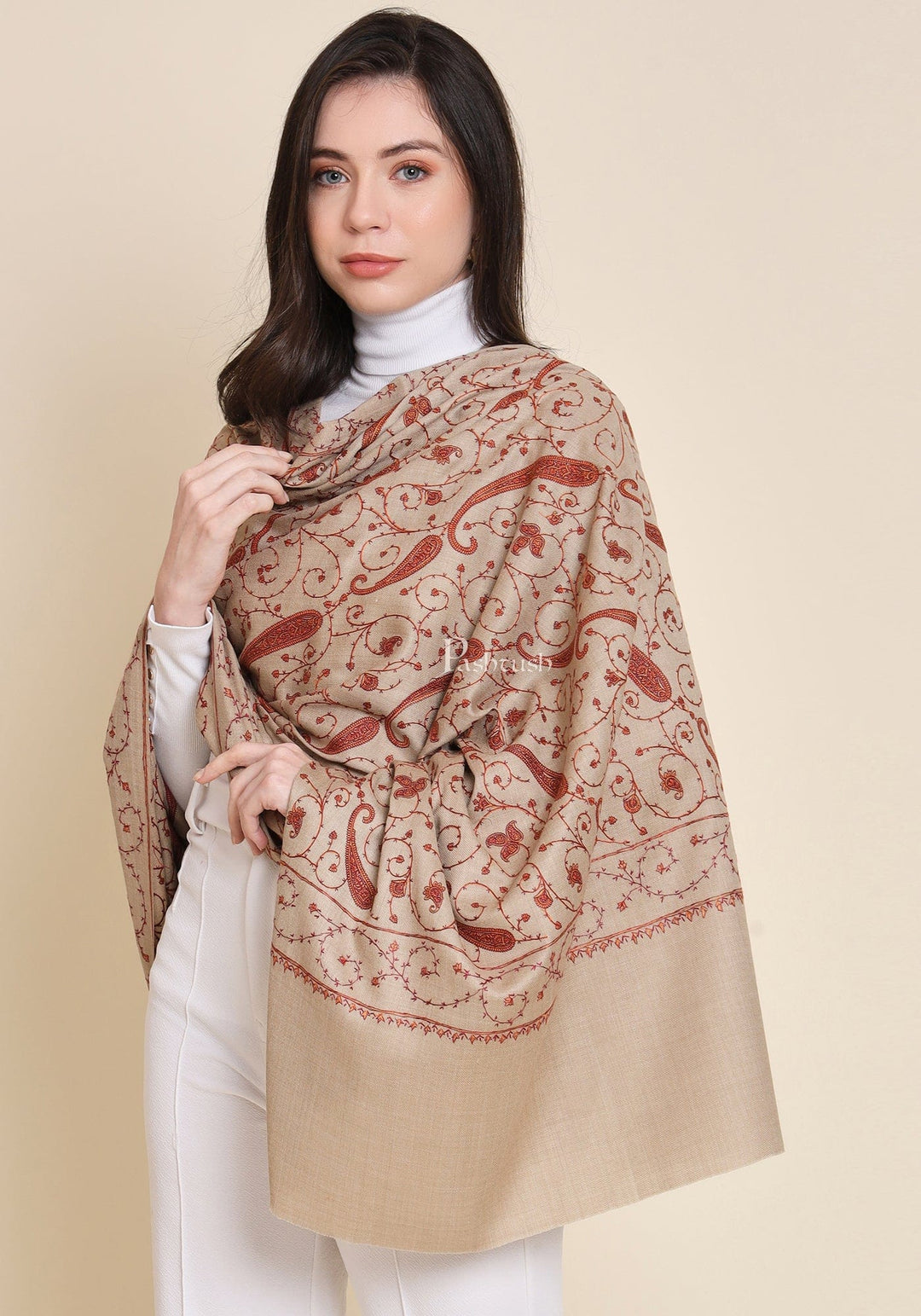 Pashtush India Womens Shawls Pashtush Womens Fine Wool Shawl, Embroidery Jaal Design, Beige