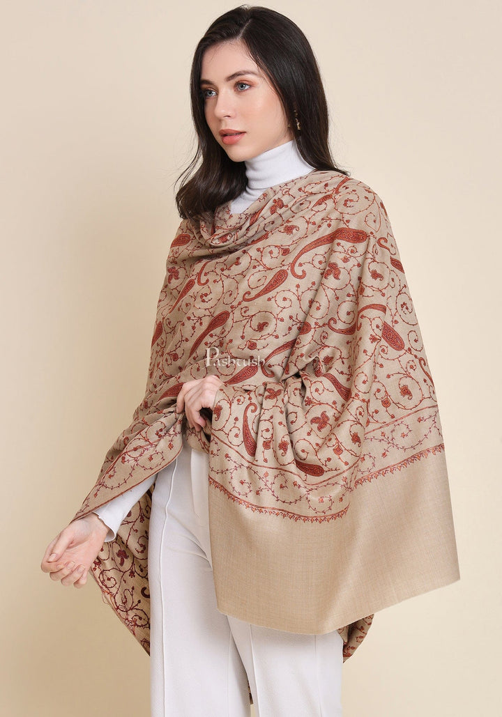 Pashtush India Womens Shawls Pashtush Womens Fine Wool Shawl, Embroidery Jaal Design, Beige