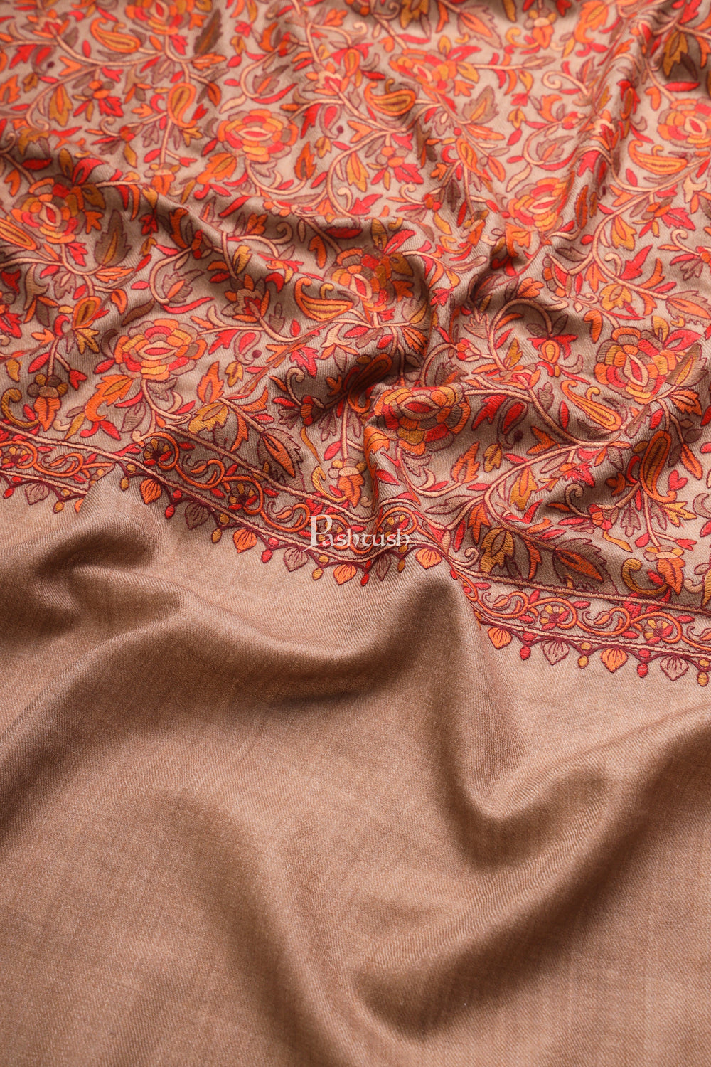 Pashtush India Womens Shawls Pashtush Womens Fine Wool Shawl, Embroidery Jaal Design, Taupe