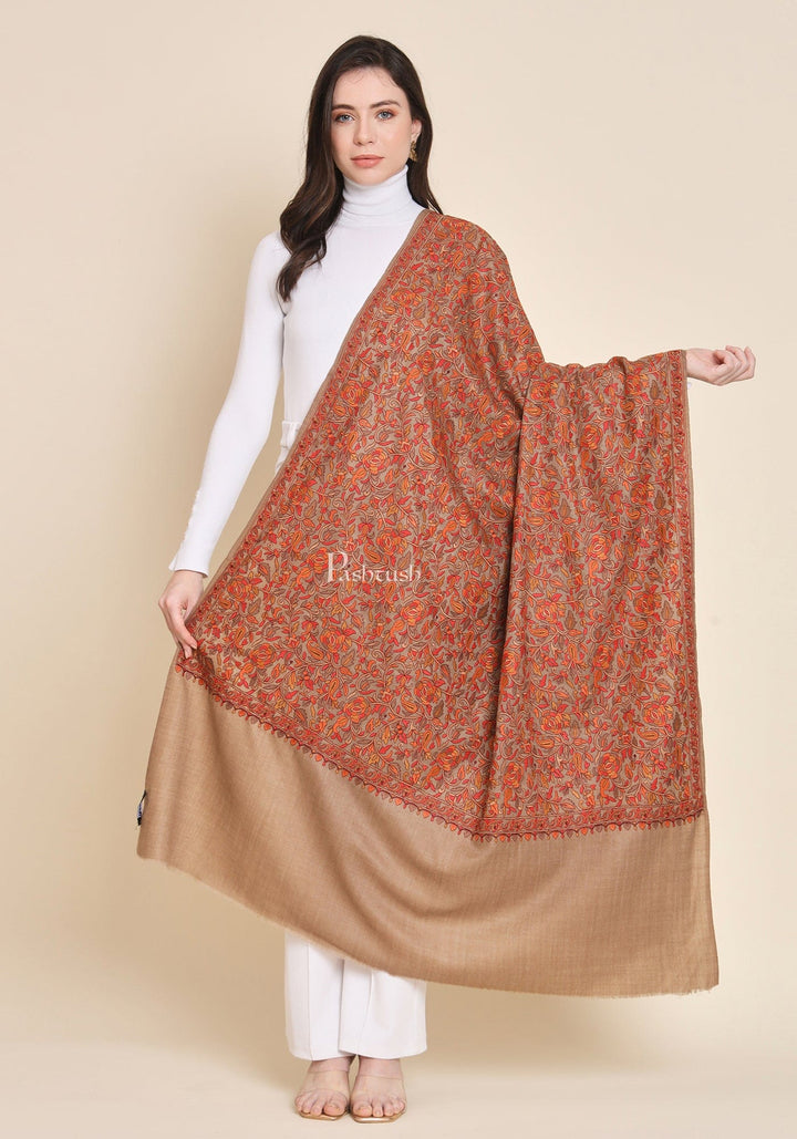 Pashtush India Womens Shawls Pashtush Womens Fine Wool Shawl, Embroidery Jaal Design, Taupe