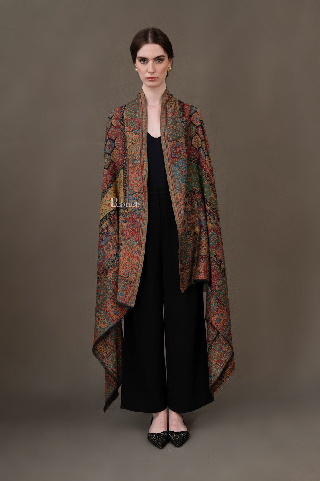 Pashtush India Womens Shawls Pashtush Womens Fine Wool Shawl, Ethnic Weave Design, Multicolour