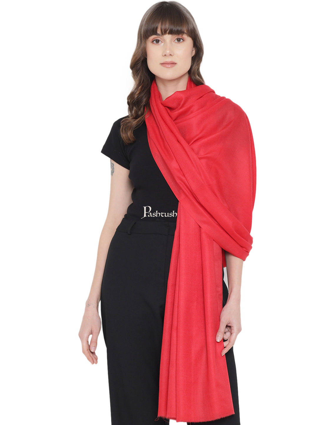 Pashtush India Womens Shawls Pashtush Womens Fine Wool Shawl, Extra Soft, Basics Solid, Scarlet Red