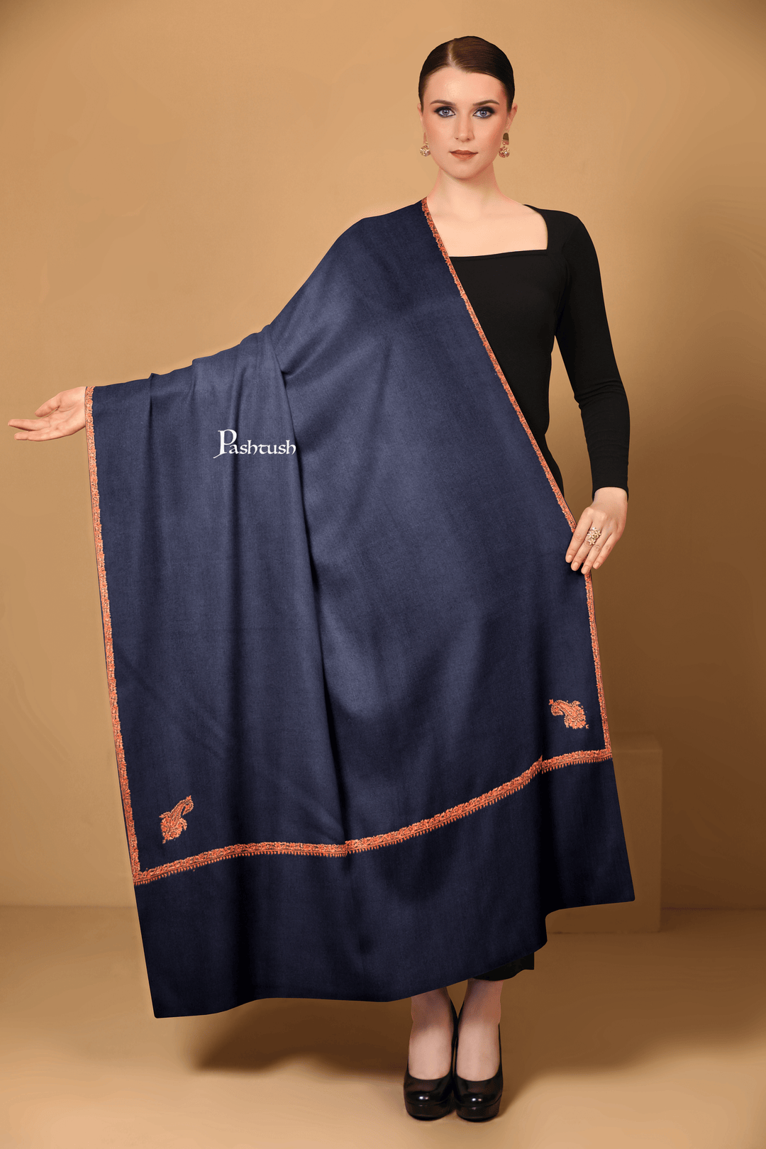 Pashtush India Womens Shawls Pashtush Womens Fine Wool Shawl, Hand Embroidered Kingri Design, Blue