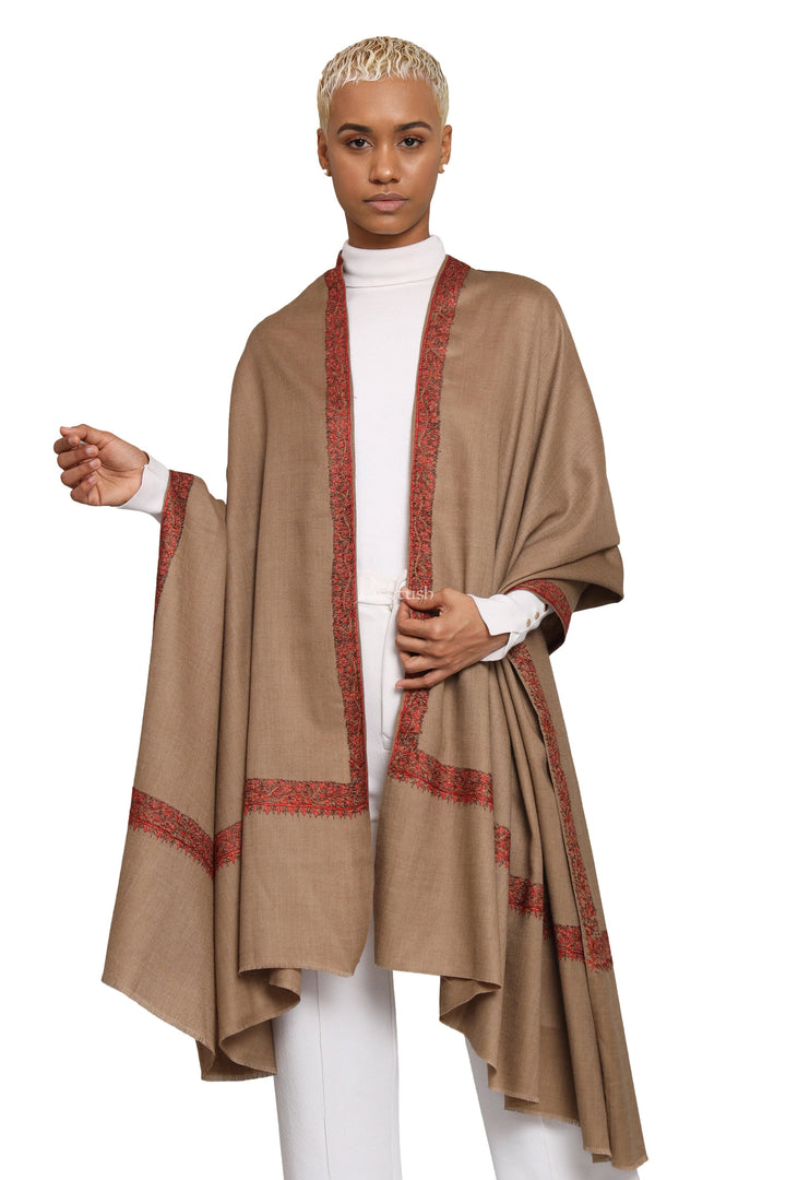 Pashtush India Womens Shawls Pashtush Womens Fine Wool Shawl, Hand Embroidered Neemdaur Design, Taupe