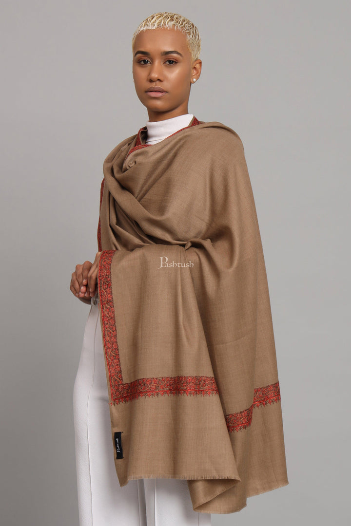 Pashtush India Womens Shawls Pashtush Womens Fine Wool Shawl, Hand Embroidered Neemdaur Design, Taupe