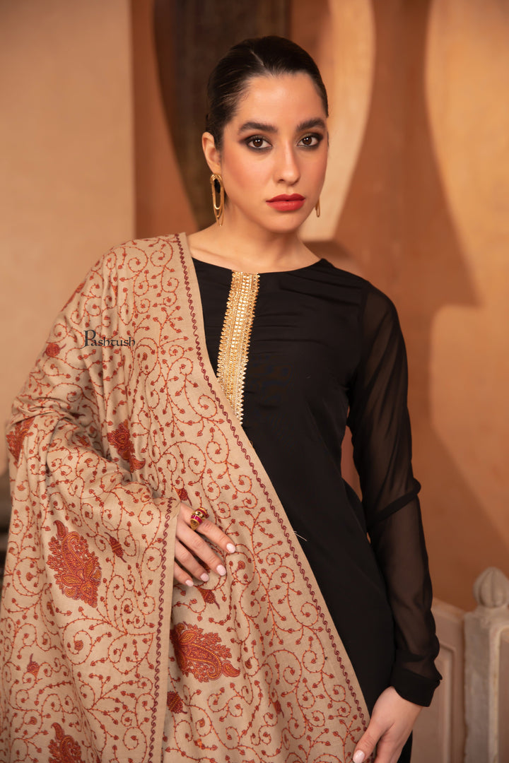 Pashtush India Womens Shawls Pashtush Womens Fine Wool Shawl, Heavy Jaal Embroidery Design, Beige