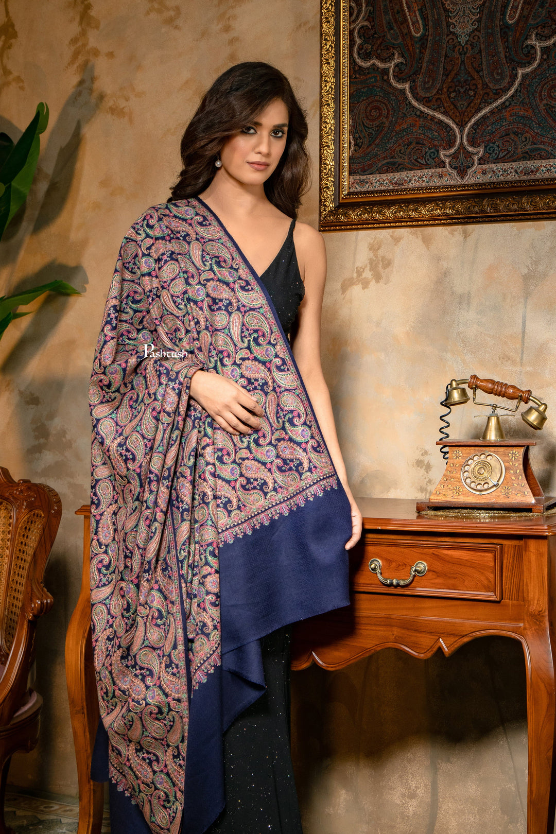 Pashtush India Womens Shawls Pashtush Womens Fine Wool Shawl, Heavy Jaal Nalki Embroidery Design, Blue