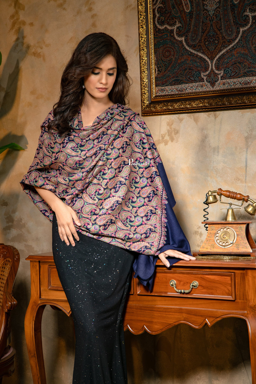 Pashtush India Womens Shawls Pashtush Womens Fine Wool Shawl, Heavy Jaal Nalki Embroidery Design, Blue