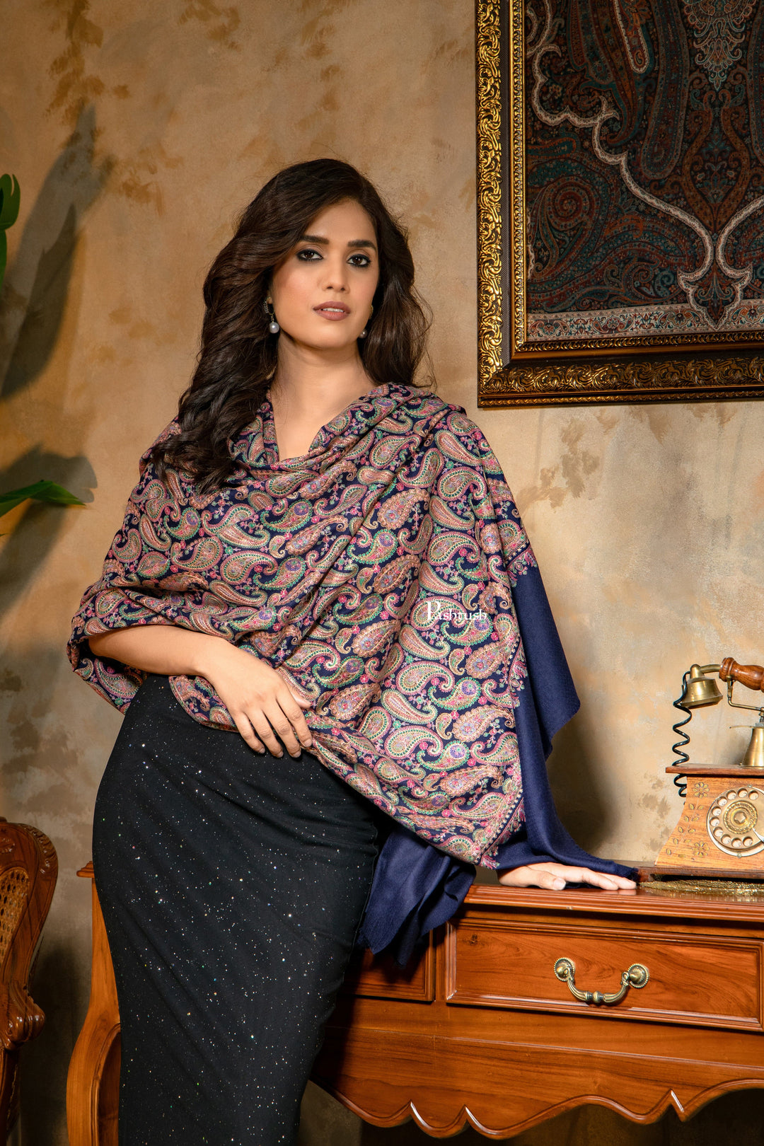 Pashtush India Womens Shawls Pashtush Womens Fine Wool Shawl, Heavy Jaal Nalki Embroidery Design, Blue